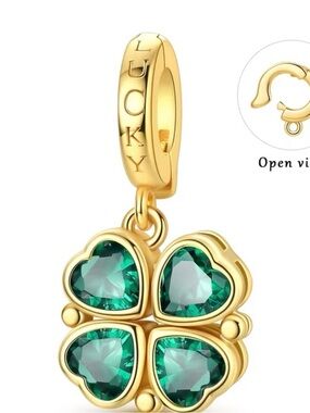 Lucky Gold-Tone Four-Leaf Clover Charm with Emerald Green Hearts